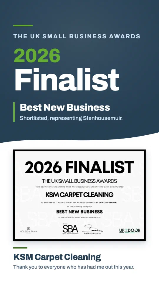 2026 finalist in the UK Small Business Awards, in the Best New Business category, with the certificate naming KSM Carpet Cleaning and Stenhousemuir below it.